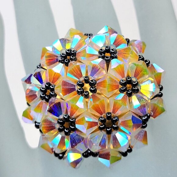 Aurora Borealis Bicone Crystals Ring Cluster Ring Glitter Beaded Stretch Ring - Picture 1 of 10